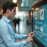 Jeune homme aveugle touchant un kiosque tactile moderne