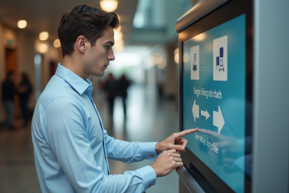 Jeune homme aveugle touchant un kiosque tactile moderne
