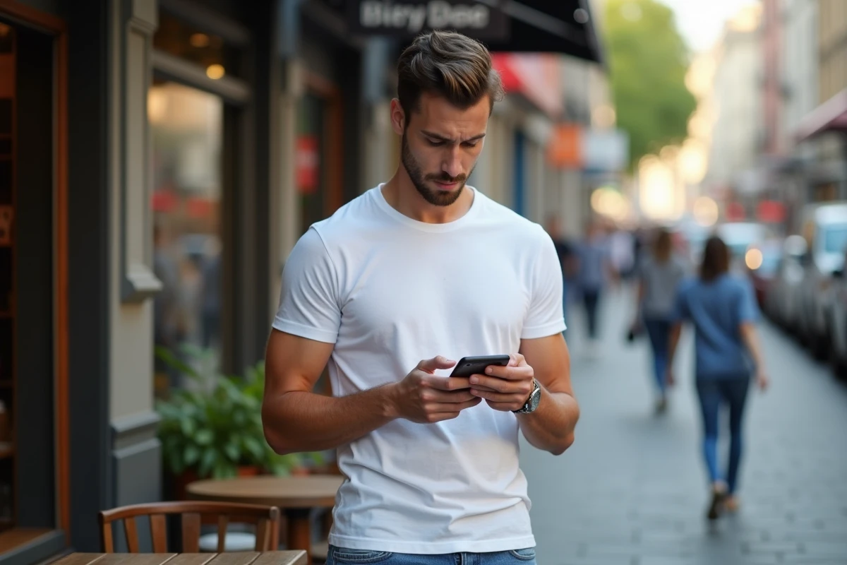 Jeune homme avec smartphone devant un café en ville