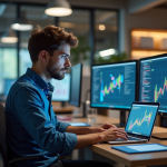 Jeune homme concentré travaillant sur un ordinateur dans un bureau moderne