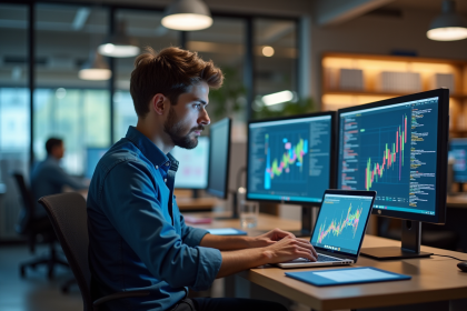 Jeune homme concentré travaillant sur un ordinateur dans un bureau moderne