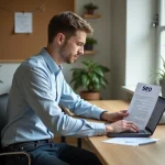 Jeune homme concentré travaillant sur un ordinateur dans un bureau moderne