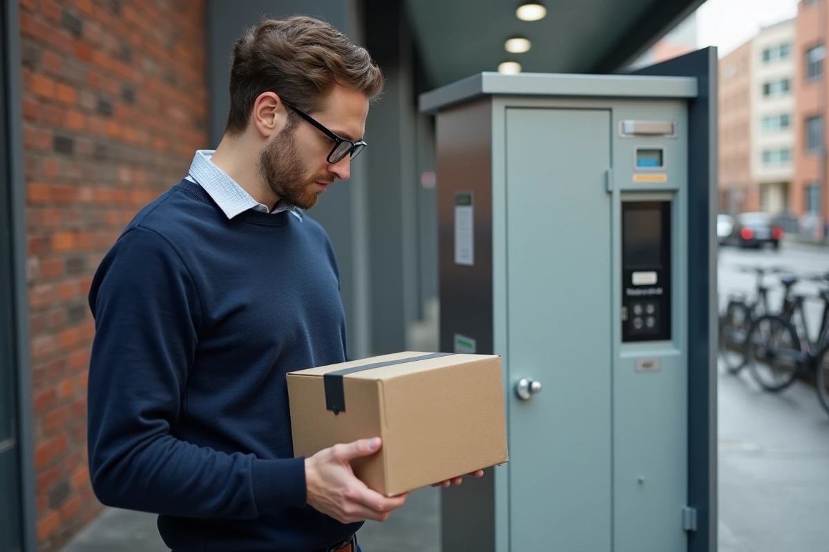 Jeune homme inspectant un téléphone recyclé dans un casier urbain