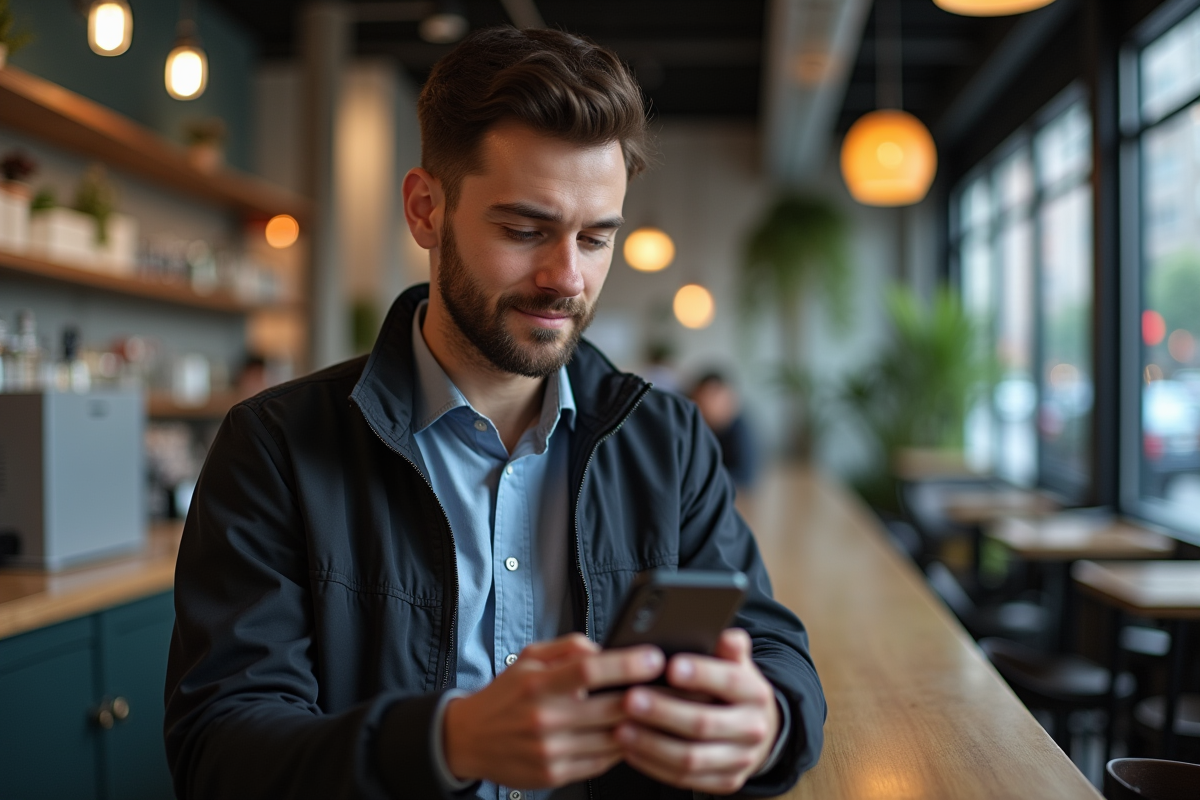 Jeune homme vérifiant un code sur son smartphone au café