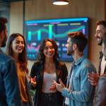 Groupe de jeunes adultes autour d'un tableau numérique coloré