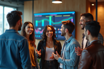 Groupe de jeunes adultes autour d'un tableau numérique coloré