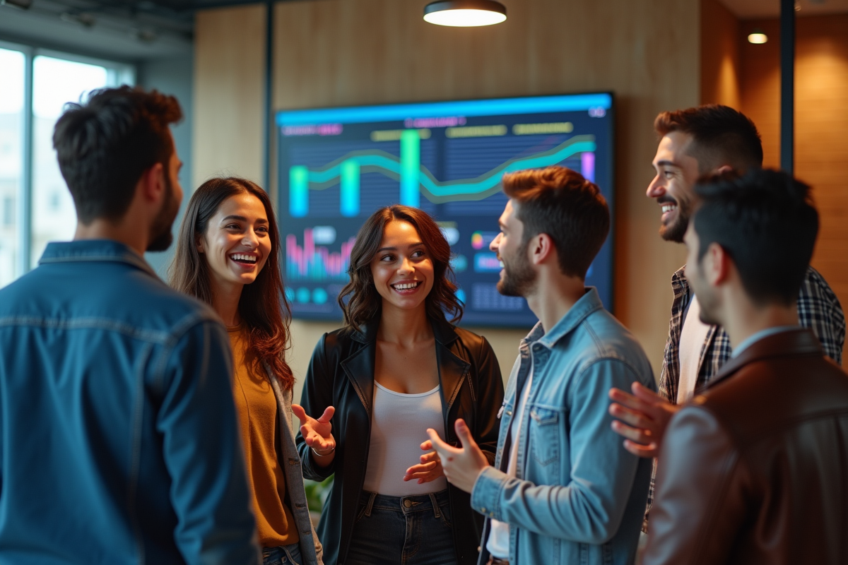 Groupe de jeunes adultes autour d'un tableau numérique coloré