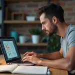 Joueur adulte concentré analysant une grille de Démineur complexe sur un ordinateur portable dans un bureau à domicile