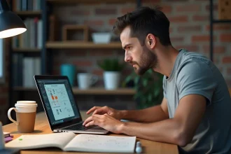 Joueur adulte concentré analysant une grille de Démineur complexe sur un ordinateur portable dans un bureau à domicile