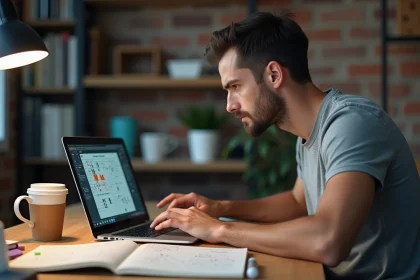 Joueur adulte concentré analysant une grille de Démineur complexe sur un ordinateur portable dans un bureau à domicile