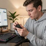 Joueur examinant attentivement une souris MMO multi-boutons avant achat à son bureau gaming