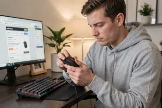 Joueur examinant attentivement une souris MMO multi-boutons avant achat à son bureau gaming