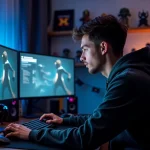 Joueur PC utilisant un outil de personnalisation de jeu vidéo sur deux écrans dans un bureau gaming à domicile
