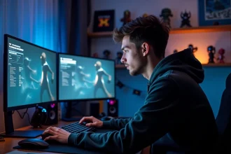 Joueur PC utilisant un outil de personnalisation de jeu vidéo sur deux écrans dans un bureau gaming à domicile