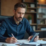 Journaliste tech masculin comparant deux smartphones sur un bureau professionnel en prenant des notes manuscrites