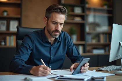 Journaliste tech masculin comparant deux smartphones sur un bureau professionnel en prenant des notes manuscrites