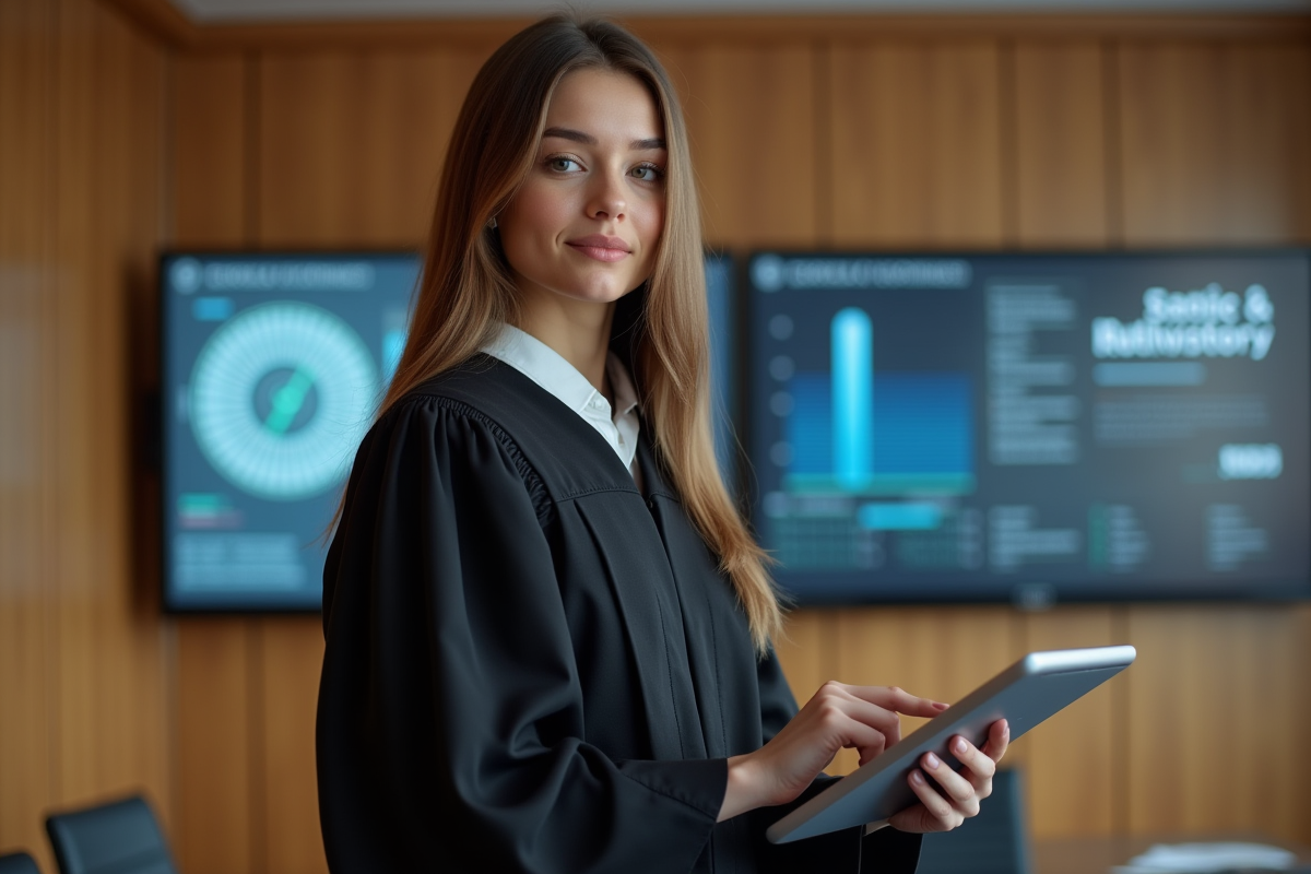 Jeune juge en robe noire utilisant une tablette numérique en tribunal