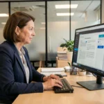 Juriste d'administration féminine utilisant un outil d'intelligence artificielle juridique sur ordinateur dans un bureau de service public moderne