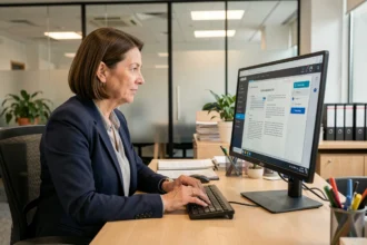 Juriste d'administration féminine utilisant un outil d'intelligence artificielle juridique sur ordinateur dans un bureau de service public moderne
