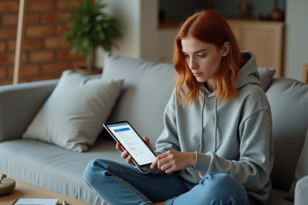Jeune femme consultant une liste de vérification de sécurité pour son compte Webmel Nancy sur une tablette dans son salon