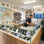 Intérieur d'une boutique de réparation de smartphones en Bretagne avec technicien au travail