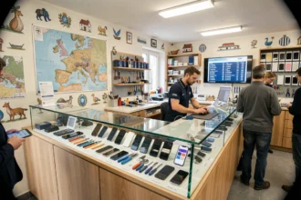 Intérieur d'une boutique de réparation de smartphones en Bretagne avec technicien au travail