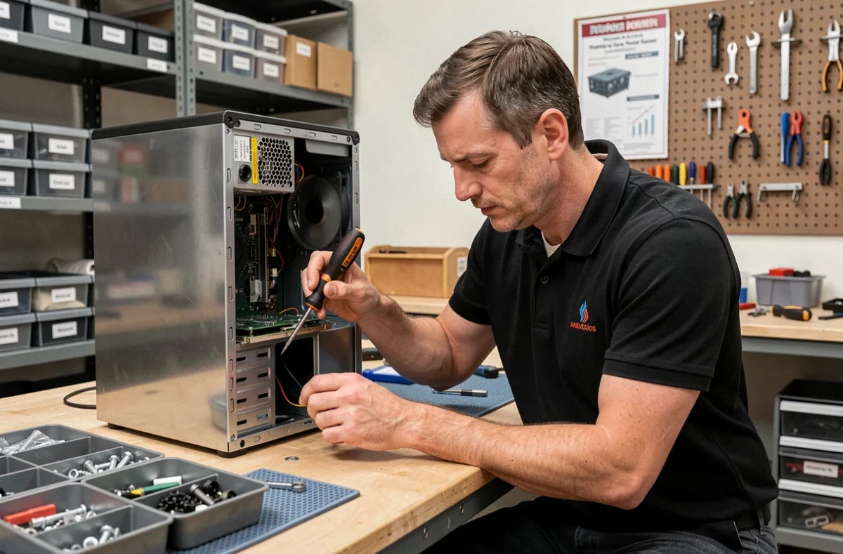 Technicien Mil Services Informatique réparant un ordinateur de bureau dans un atelier informatique professionnel