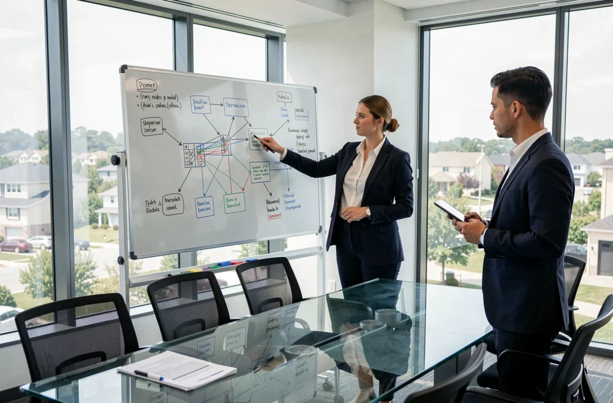 Consultante NowTeam présentant une architecture réseau sur un tableau blanc dans une salle de réunion moderne