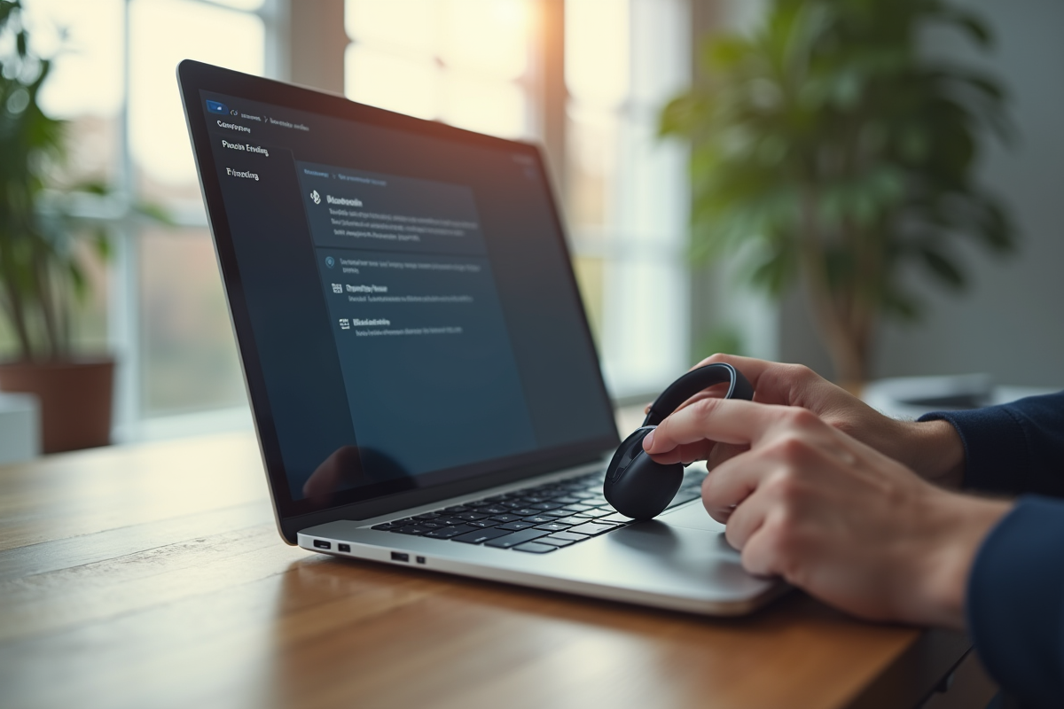 Ordinateur portable moderne avec connexion Bluetooth en action