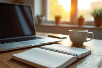 Bureau avec ordinateur portable et notes pour blog