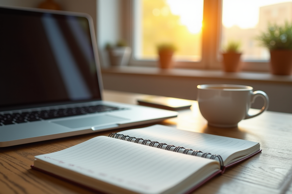 Bureau avec ordinateur portable et notes pour blog