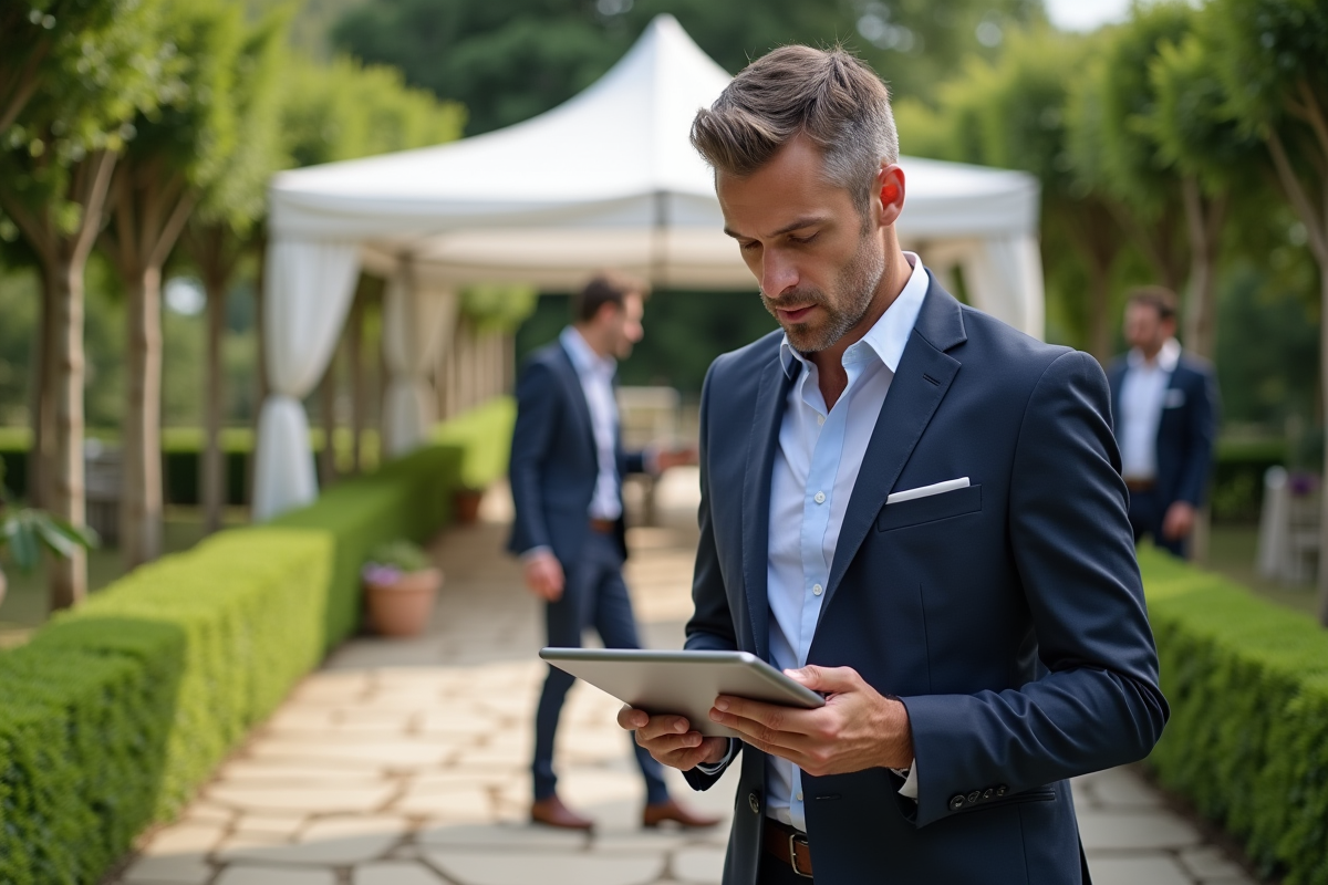 Organisateur de mariage vérifiant une liste dans un jardin fleuri