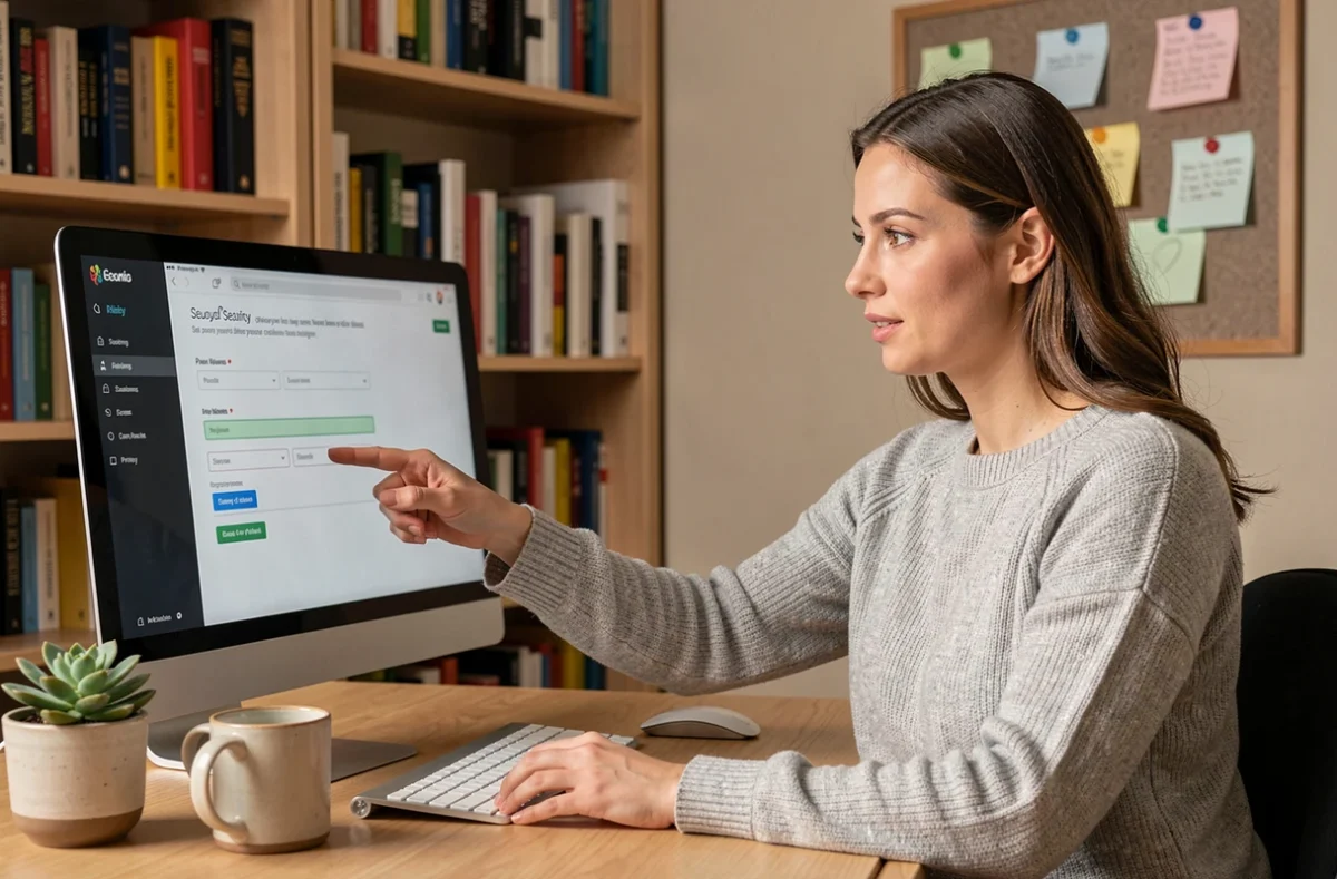 Femme configurant les paramètres de sécurité de son webmail depuis son bureau à domicile