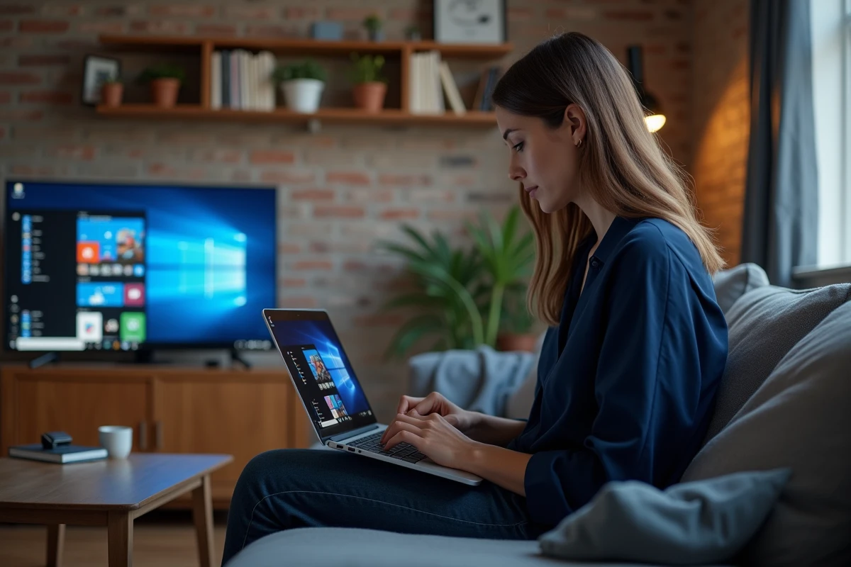 Femme utilisant Google Chrome sur son PC portable pour partager son écran sur une télévision via Chromecast