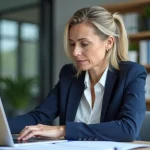 Personnelle de l'académie consultant des documents confidentiels sur son ordinateur portable dans un bureau administratif moderne