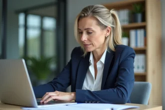 Personnelle de l'académie consultant des documents confidentiels sur son ordinateur portable dans un bureau administratif moderne