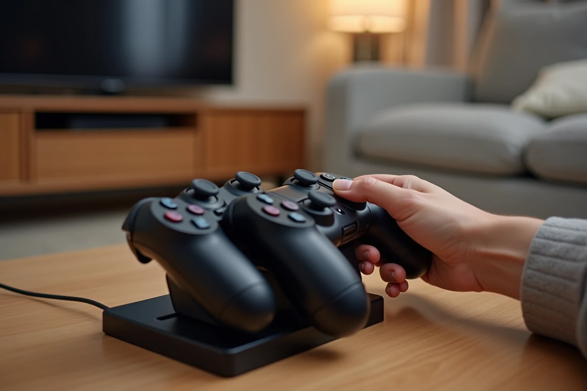 Mains posant une manette PS4 sur un chargeur multi-ports dans un salon moderne
