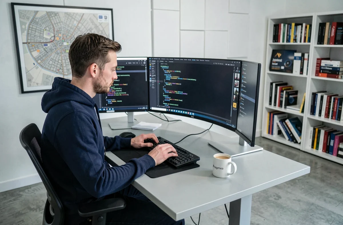 Développeur web de l'agence Pragmea à Lille concentré sur son code devant deux écrans ultrawide
