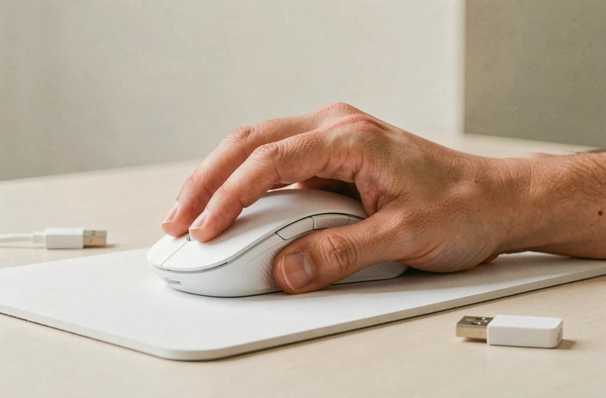 Main tenant une souris gaming ergonomique sans fil blanche sur bureau minimaliste avec focus sur la prise en main
