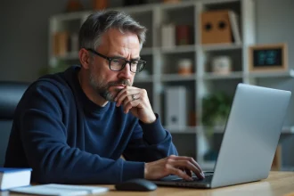 Homme en bureau avec erreur de connexion sur son ordinateur