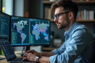 Homme professionnel informatique travaillant sur réseaux IPv4 et IPv6