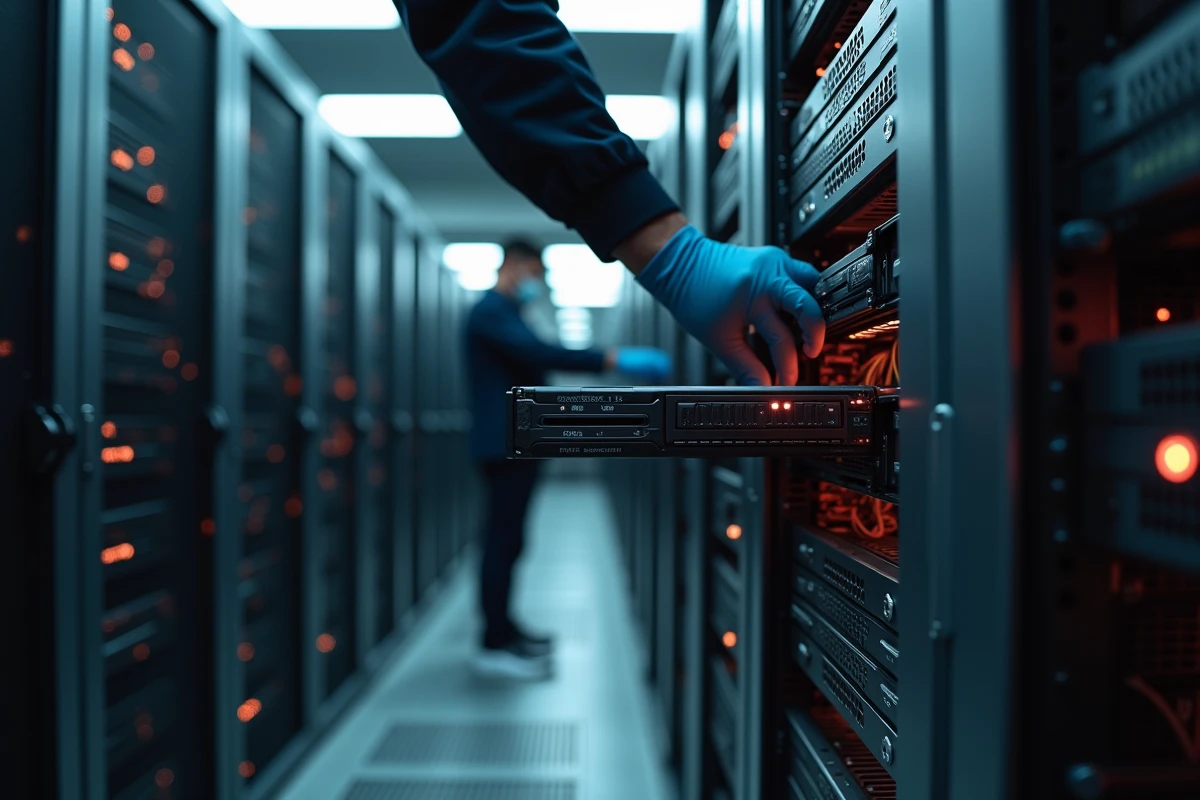 Gros plan sur un rack serveur de datacenter avec des baies de disques virtuels représentant l'infrastructure de stockage pour Personal vDisk en environnement VDI