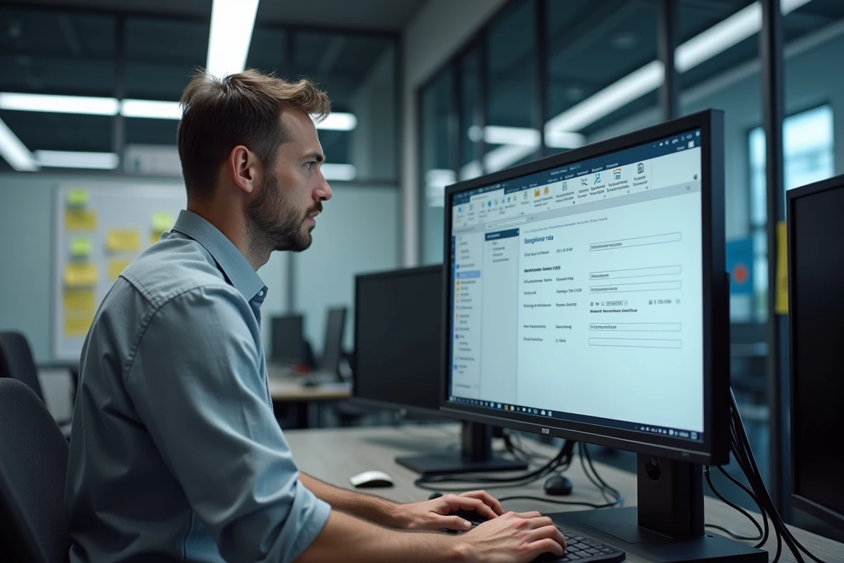 Technicien informatique universitaire paramétrant des règles de redirection d'emails sur un grand écran dans un bureau IT