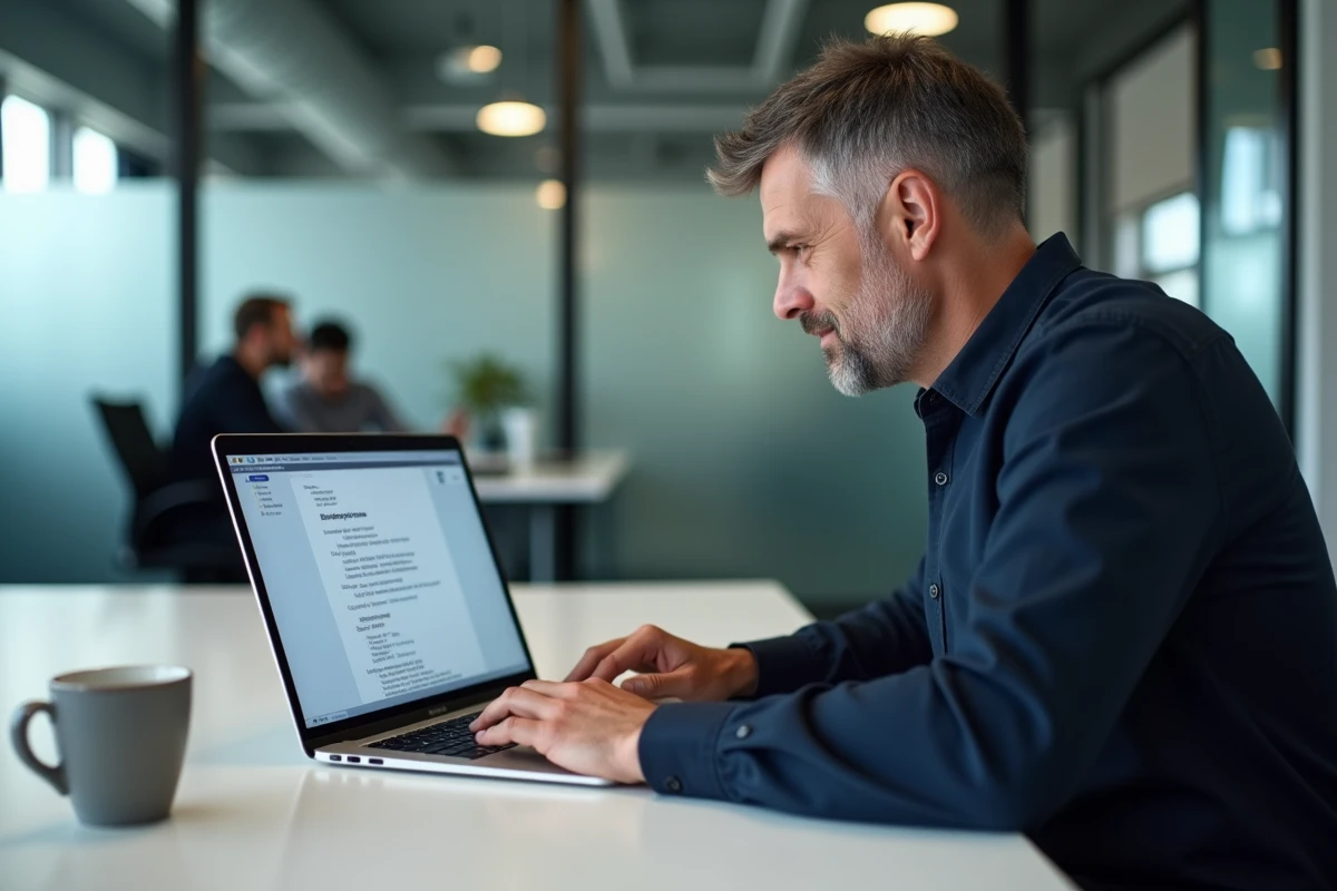 Homme en open space configurant les paramètres de format de fichier dans LibreOffice Writer pour exporter en DOCX