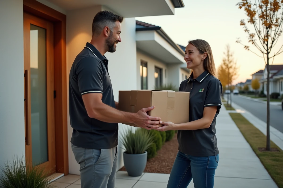 Livreur remettant un colis à une cliente satisfaite devant la porte d'entrée de sa maison