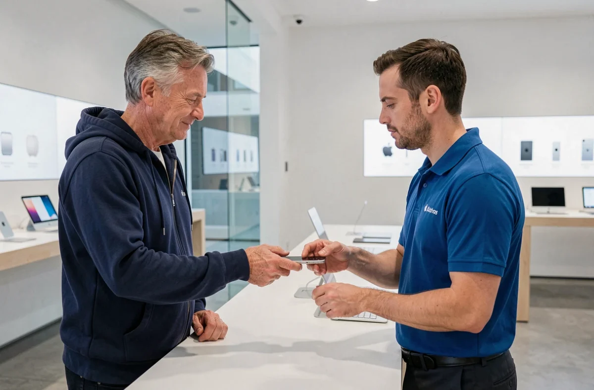 Client déposant son iPhone à un technicien en Apple Store pour une demande de remplacement de batterie après vérification des cycles