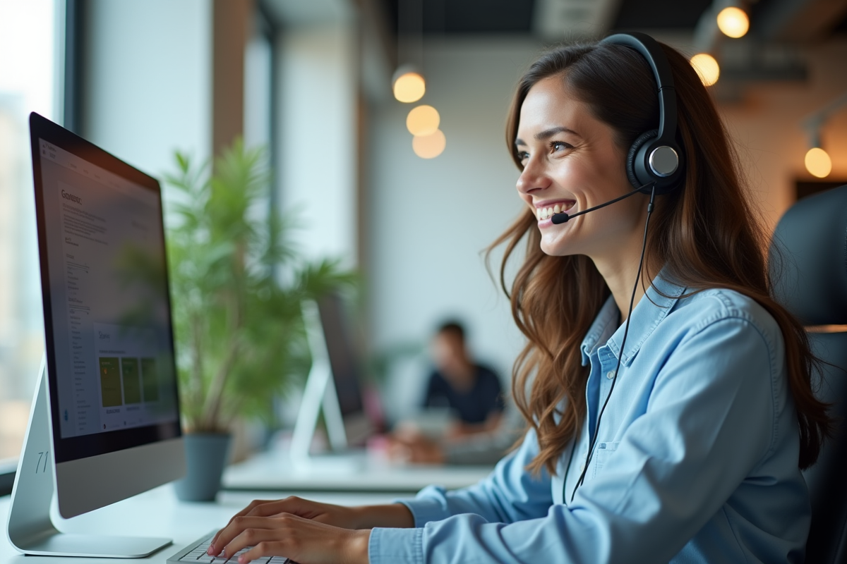 Représentant service client souriant avec Zendesk en workspace lumineux