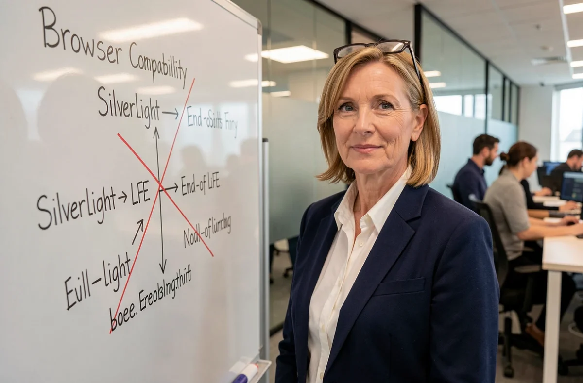Responsable informatique devant un tableau blanc montrant la fin de vie de Silverlight dans une chronologie des technologies de navigateurs web