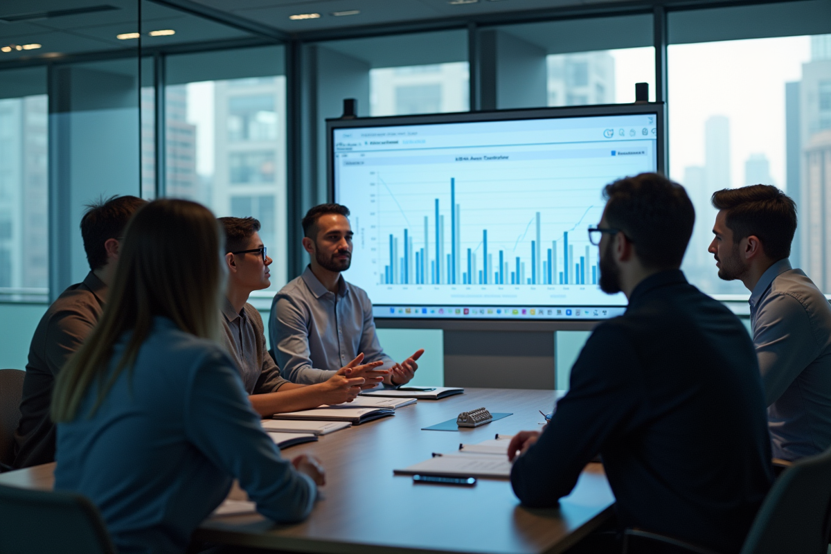 Groupe de professionnels discutant autour d un affichage digital