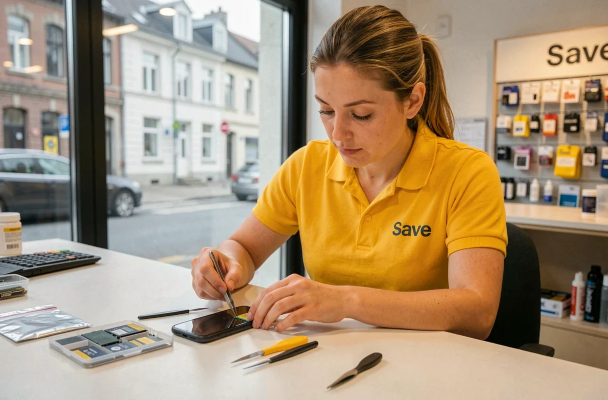 Technicienne Save Brest remplaçant la batterie d'un smartphone dans la boutique avec des outils de précision